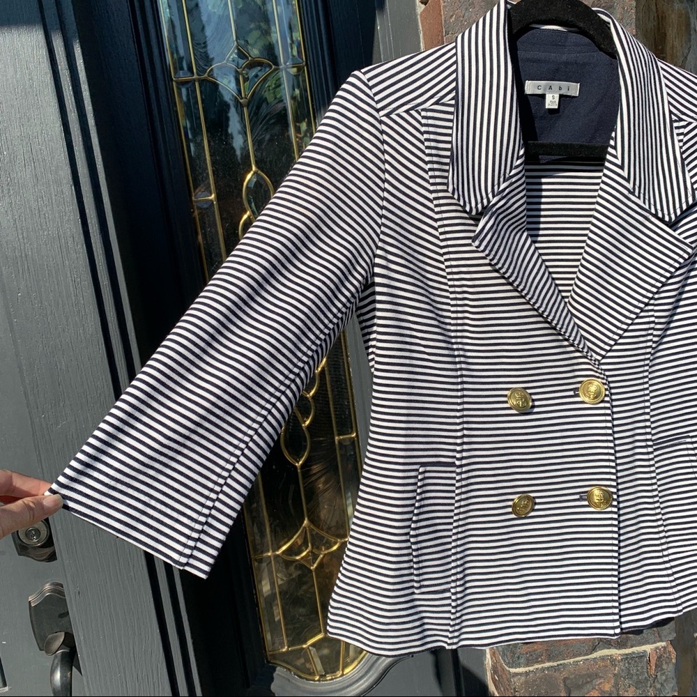 Like New Cabi Nautical White & Navy/Black Striped Ponte Knit Jacket Blazer - Picture 3 of 7